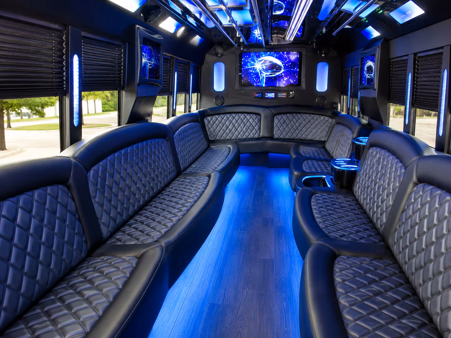 Passenger seating aboard a party bus rental serving Fort Lauderdale